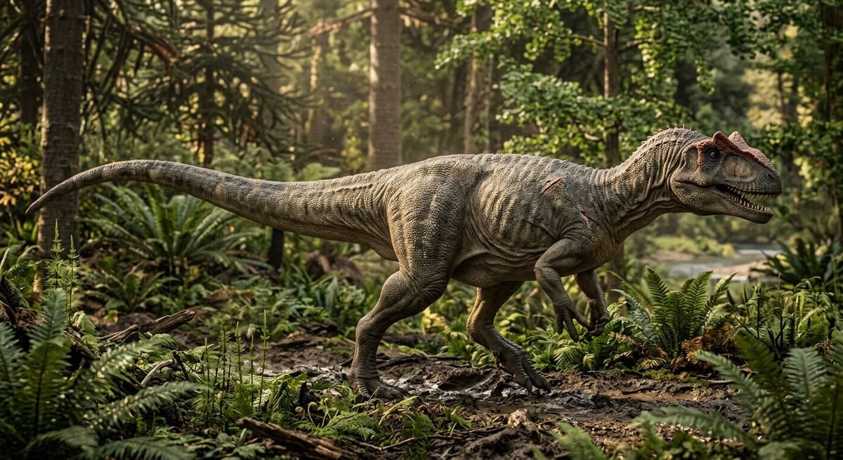 Illustration: Allosaurus in seinem Lebensraum.