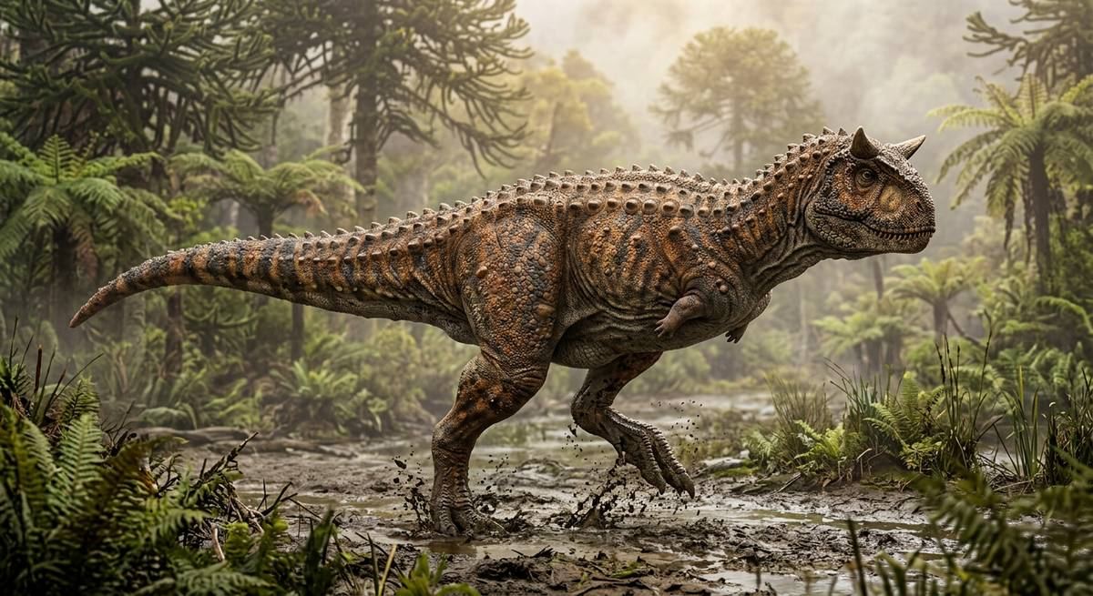 Illustration: Carnotaurus in seinem Lebensraum.