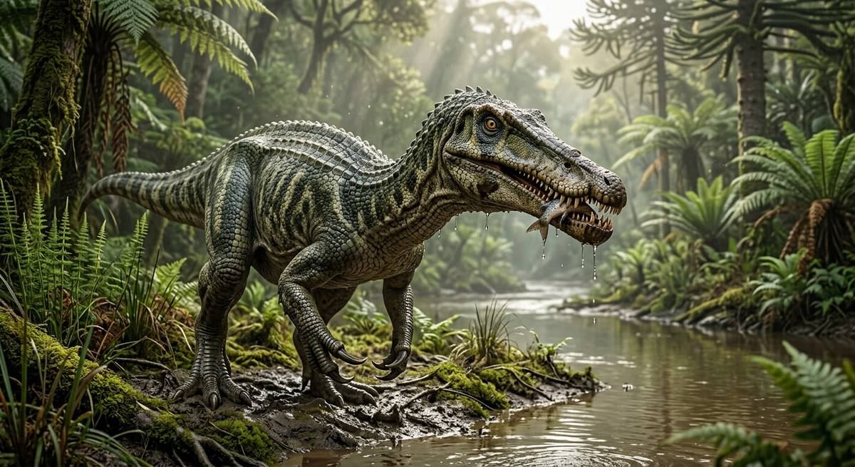 Illustration: Baryonyx in seinem Lebensraum.