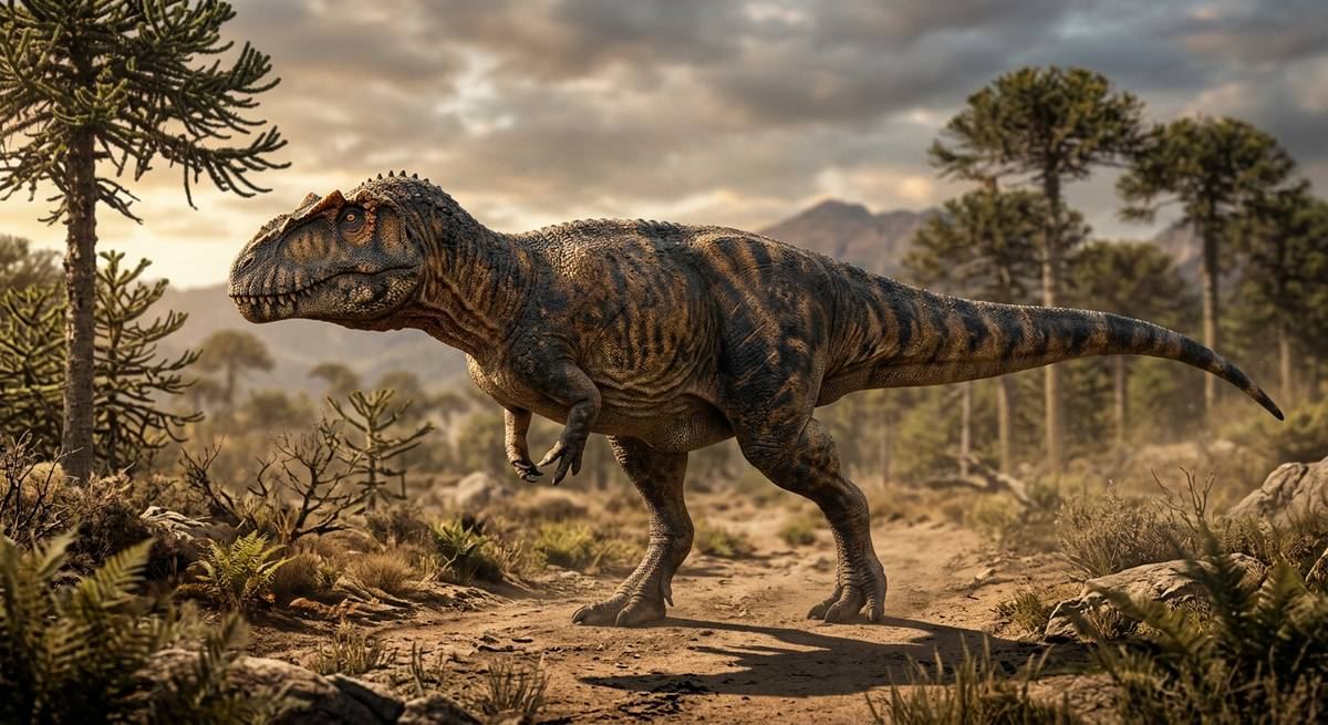 Illustration: Mapusaurus in seinem Lebensraum.