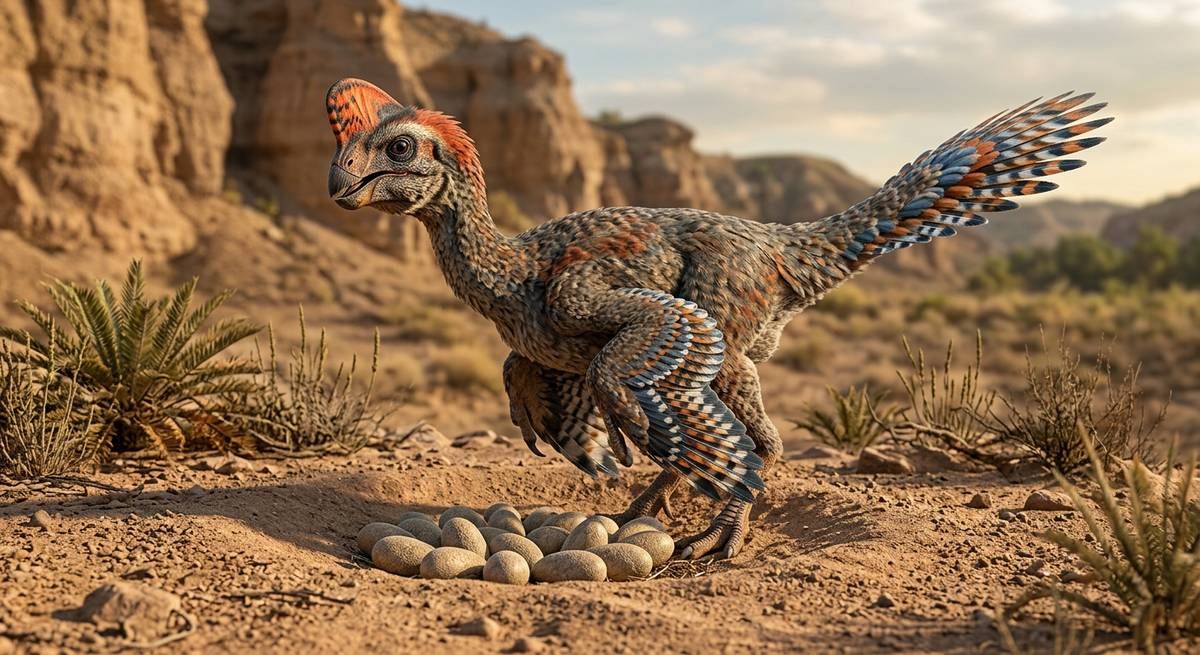 Illustration: Oviraptor in seinem Lebensraum.
