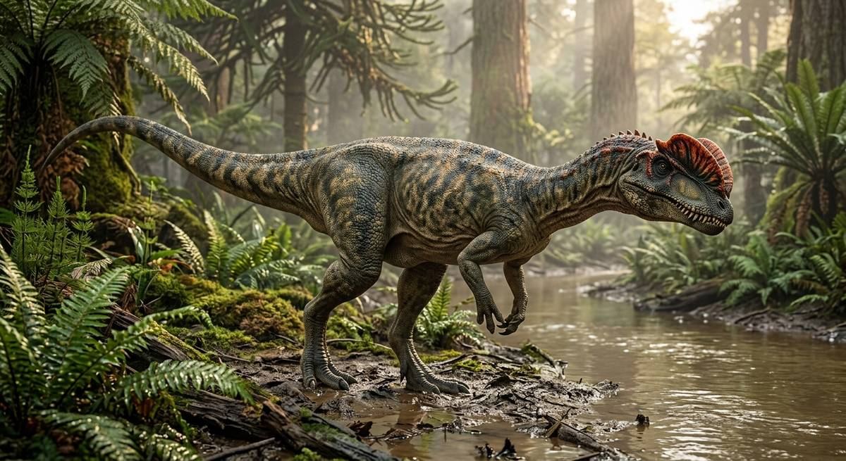 Illustration: Dilophosaurus in seinem Lebensraum.