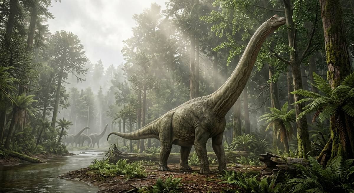 Illustration: Mamenchisaurus in seinem Lebensraum.