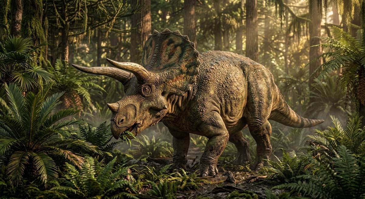 Illustration: Triceratops in seinem Lebensraum.