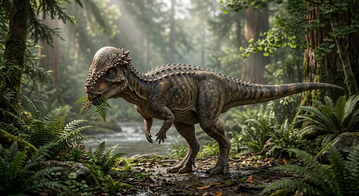 Illustration: Pachycephalosaurus in seinem Lebensraum.