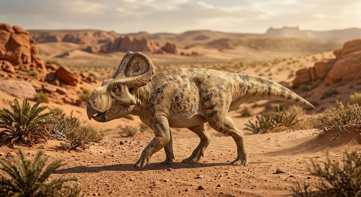 Illustration: Protoceratops in seinem Lebensraum.