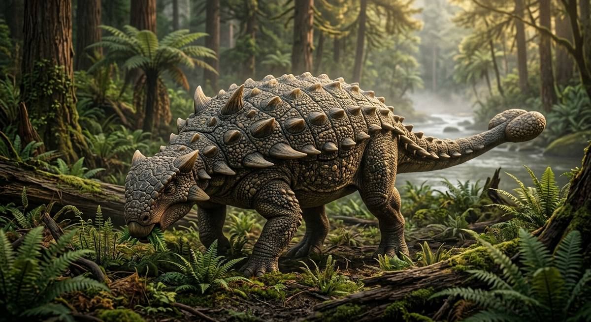 Illustration: Euoplocephalus in seinem Lebensraum.