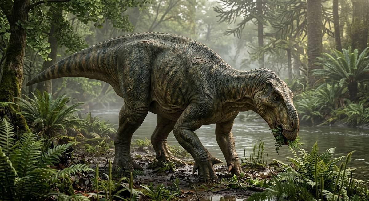 Illustration: Iguanodon in seinem Lebensraum.