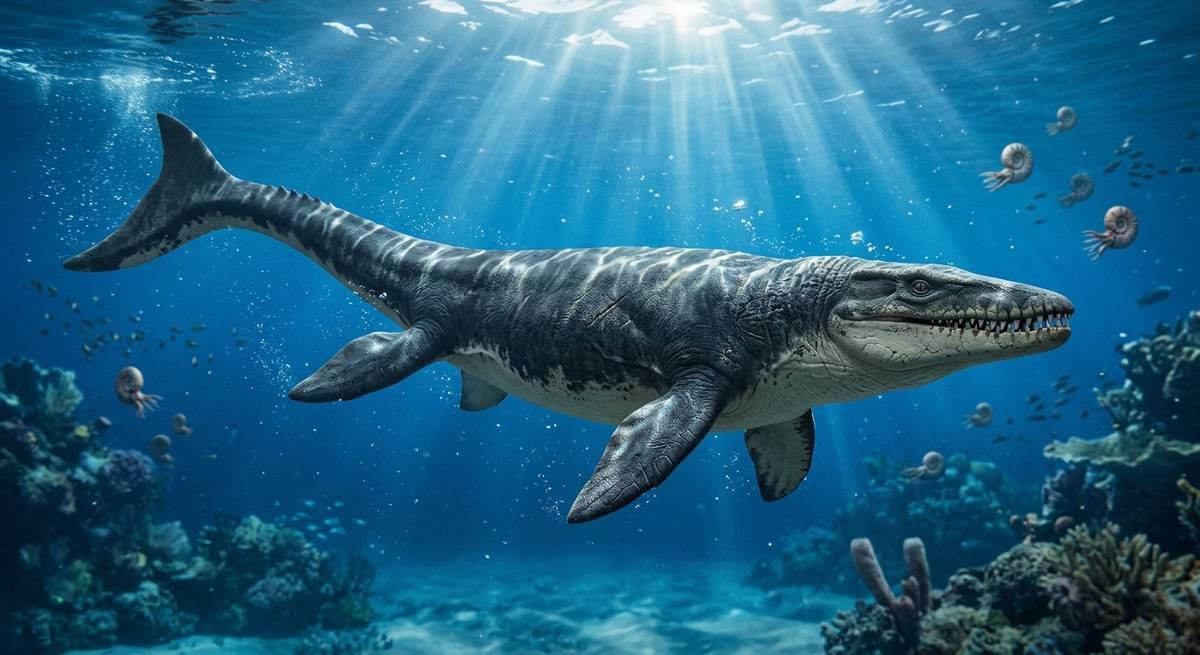 Illustration: Mosasaurus in seinem Lebensraum.