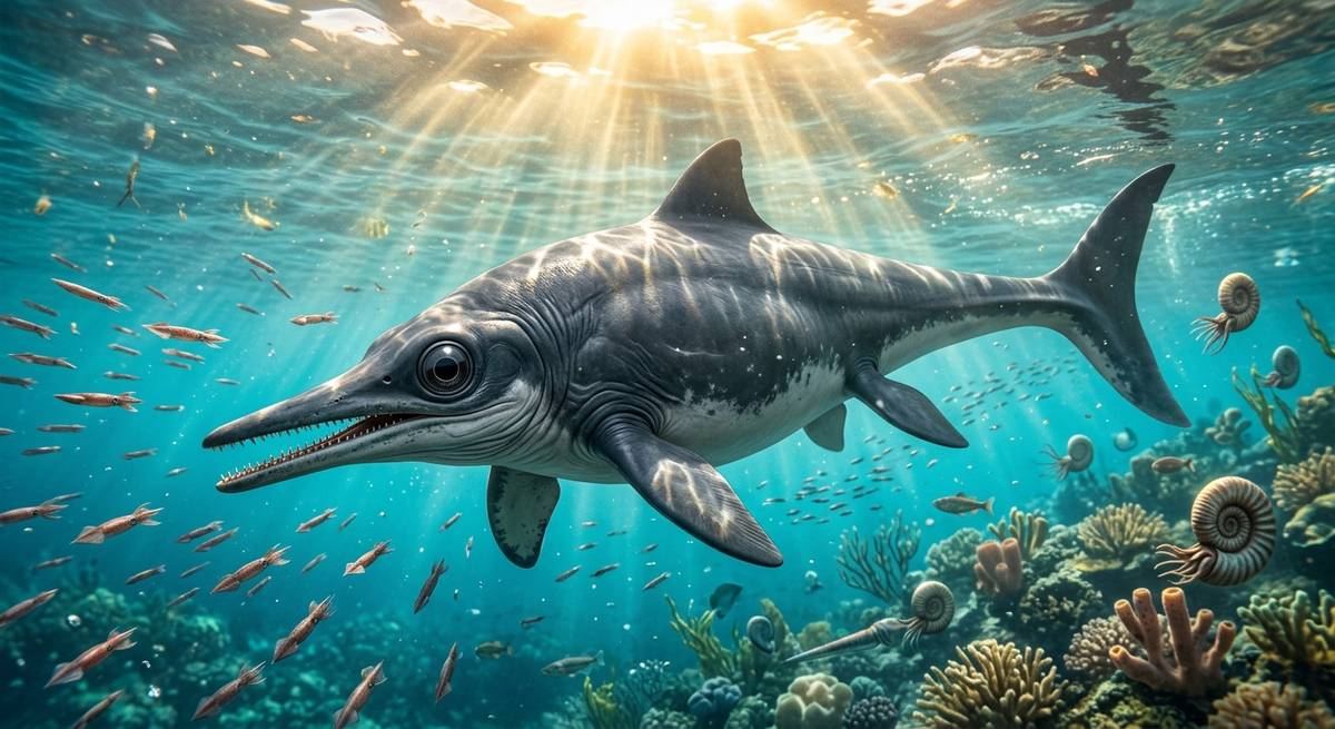 Illustration: Ichthyosaurus in seinem Lebensraum.
