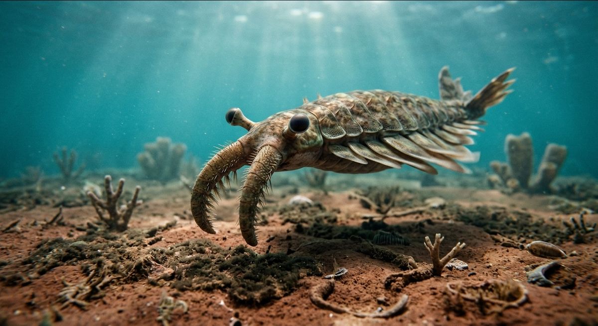 Illustration: Anomalocaris in seinem Lebensraum.