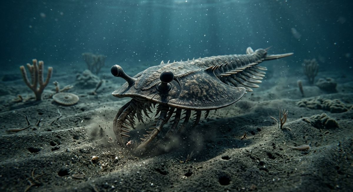 Illustration: Cambroraster falcatus in seinem Lebensraum.