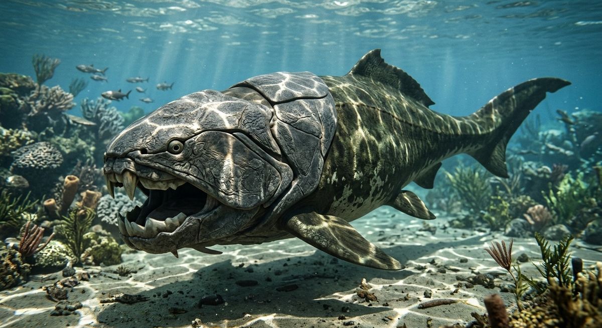 Illustration: Dunkleosteus in seinem Lebensraum.