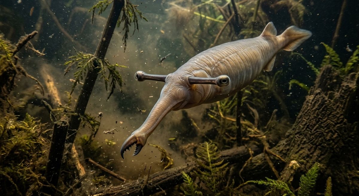 Illustration: Tullimonstrum (Tully-Monster) in seinem Lebensraum.