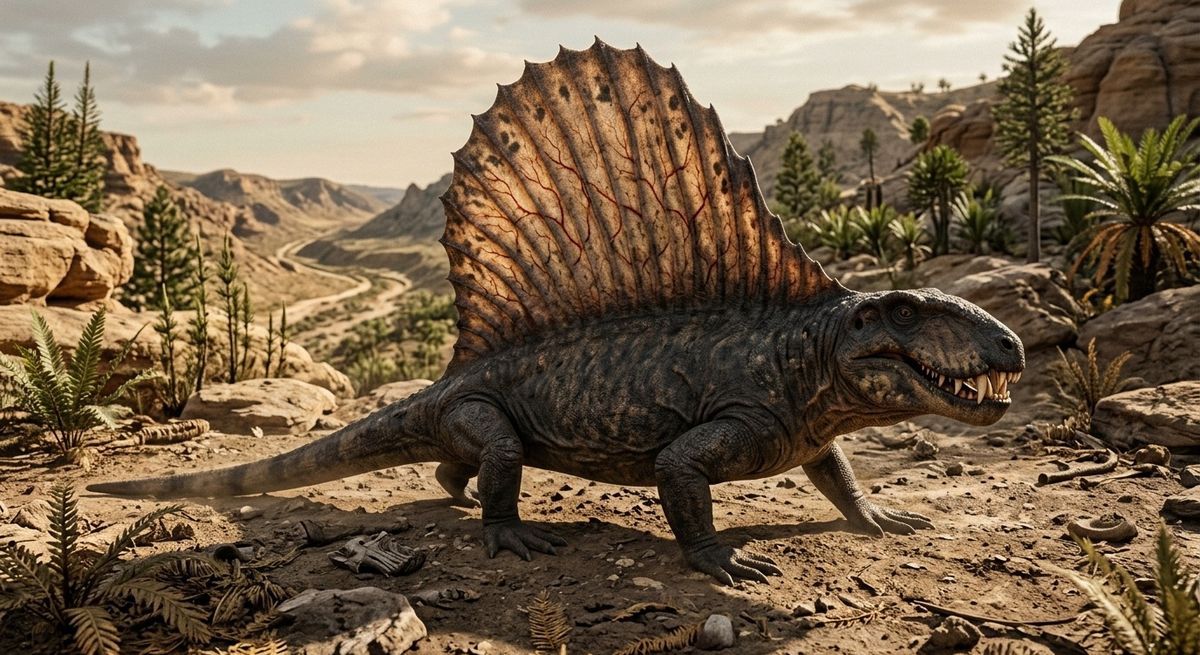 Illustration: Dimetrodon in seinem Lebensraum.