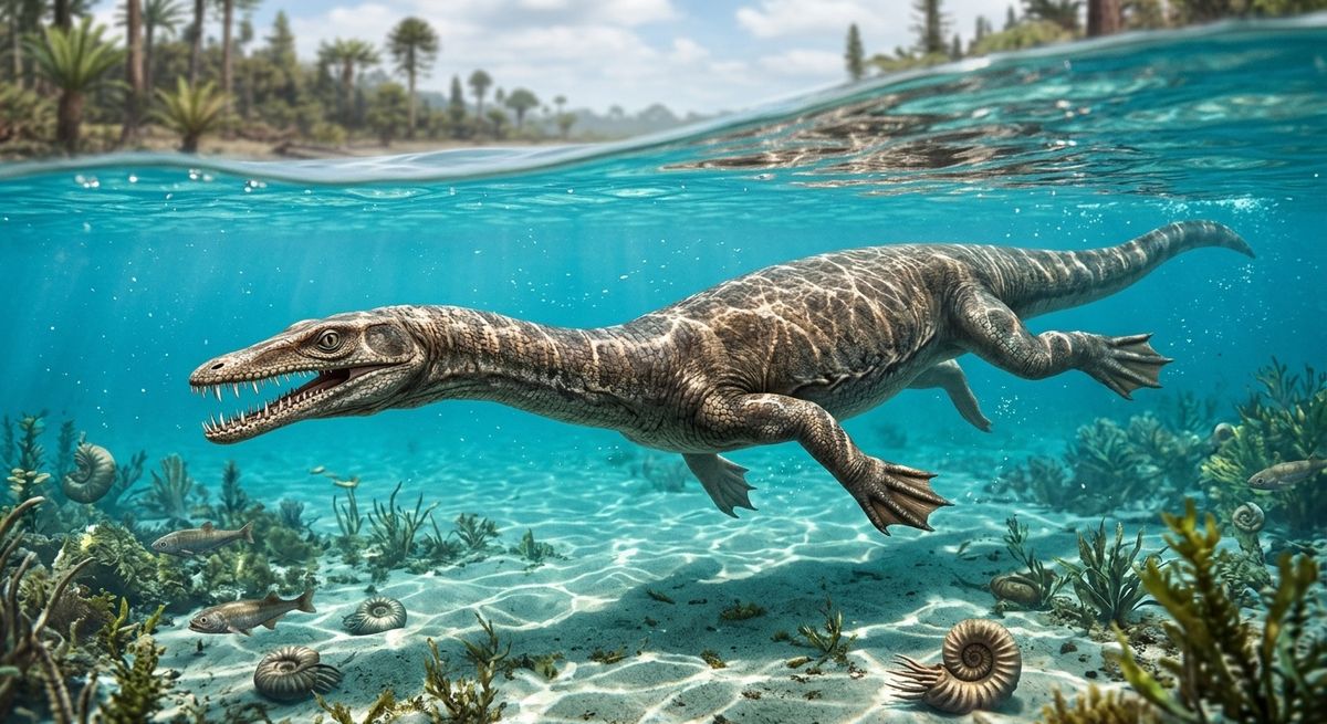 Illustration: Nothosaurus in seinem Lebensraum.