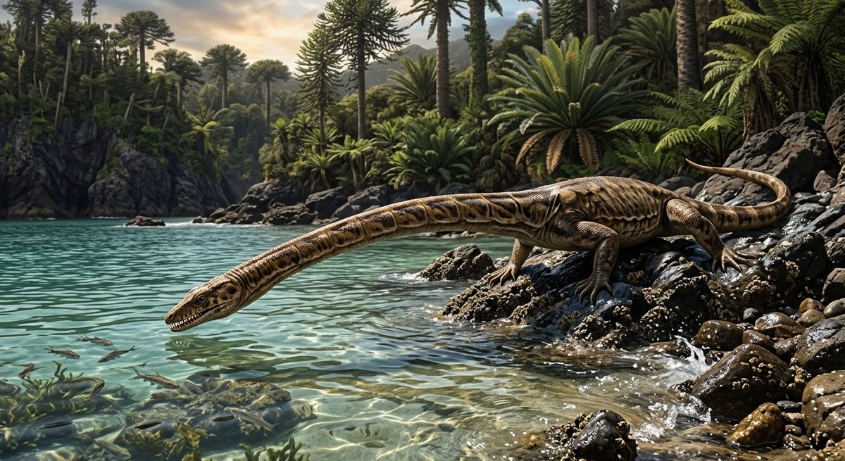 Illustration: Tanystropheus in seinem Lebensraum.