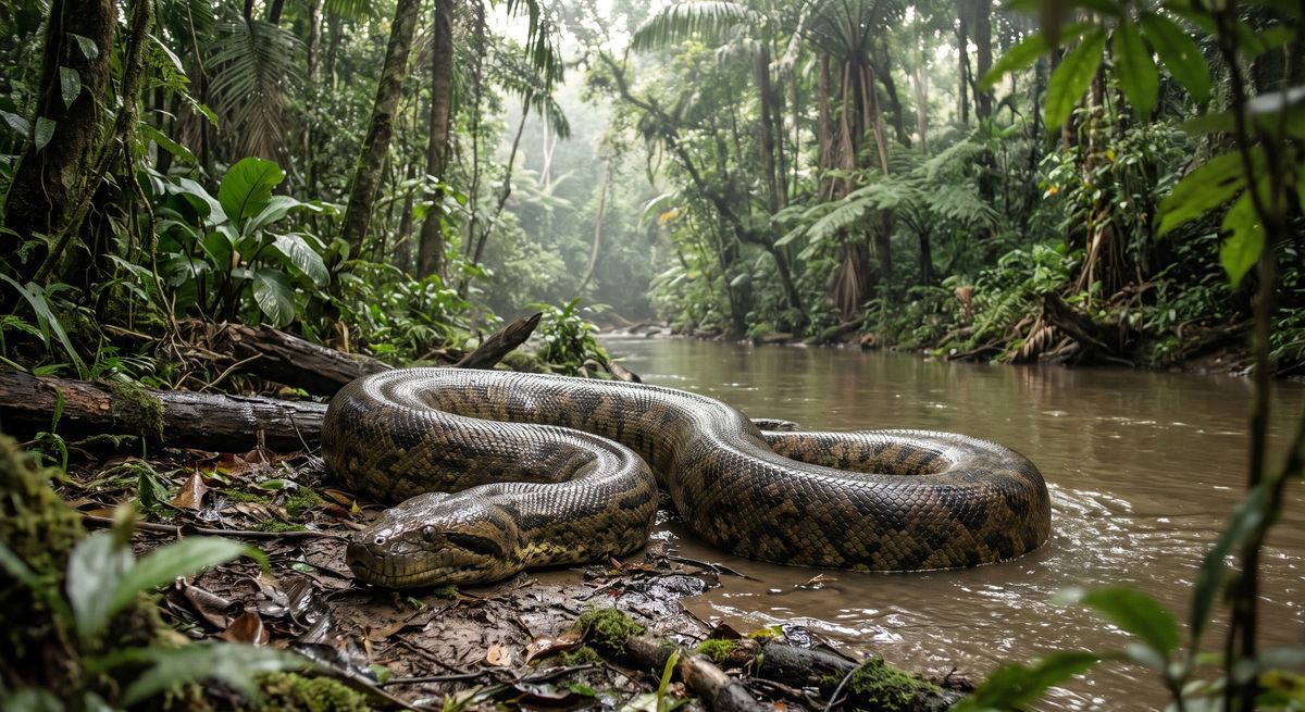 Illustration: Titanoboa in seinem Lebensraum.