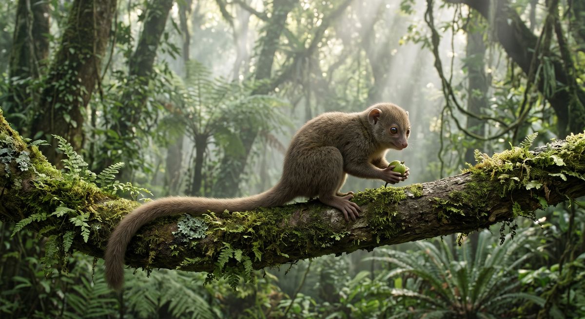 Illustration: Darwinius masillae (Ida) in seinem Lebensraum.