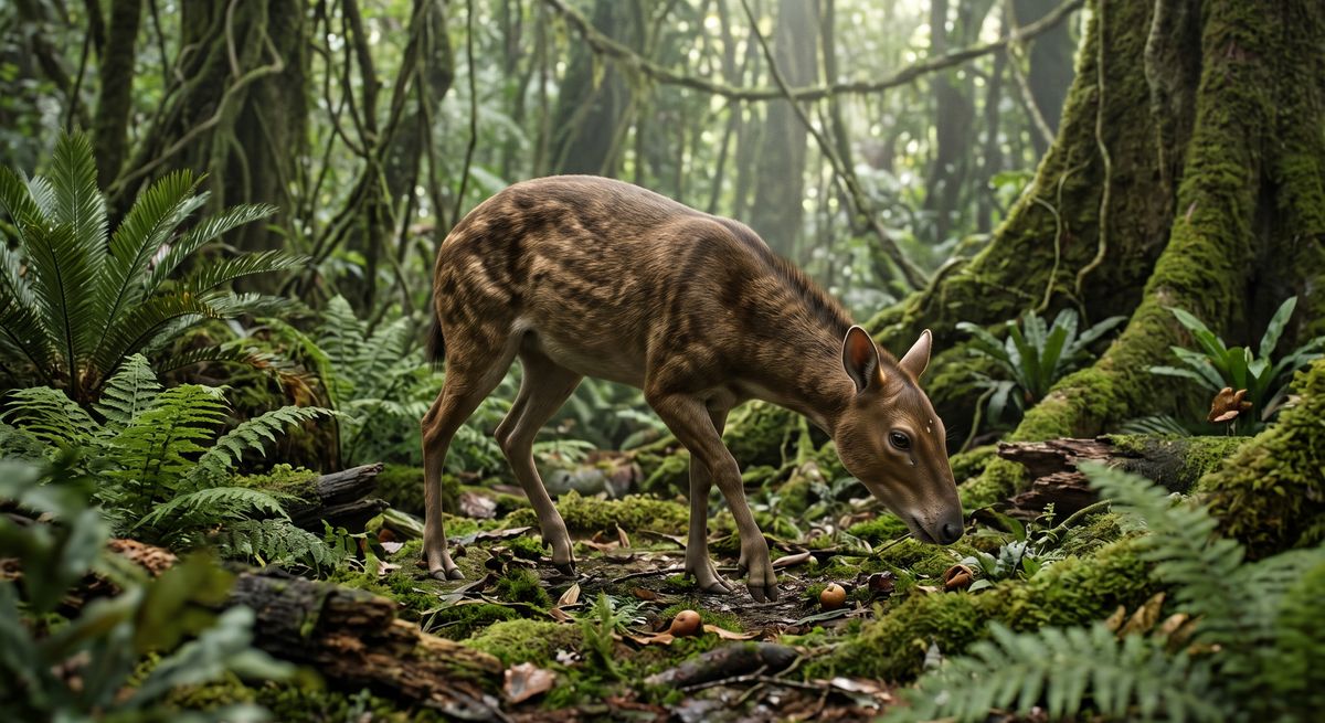 Illustration: Messeler Urpferdchen (Eurohippus) in seinem Lebensraum.