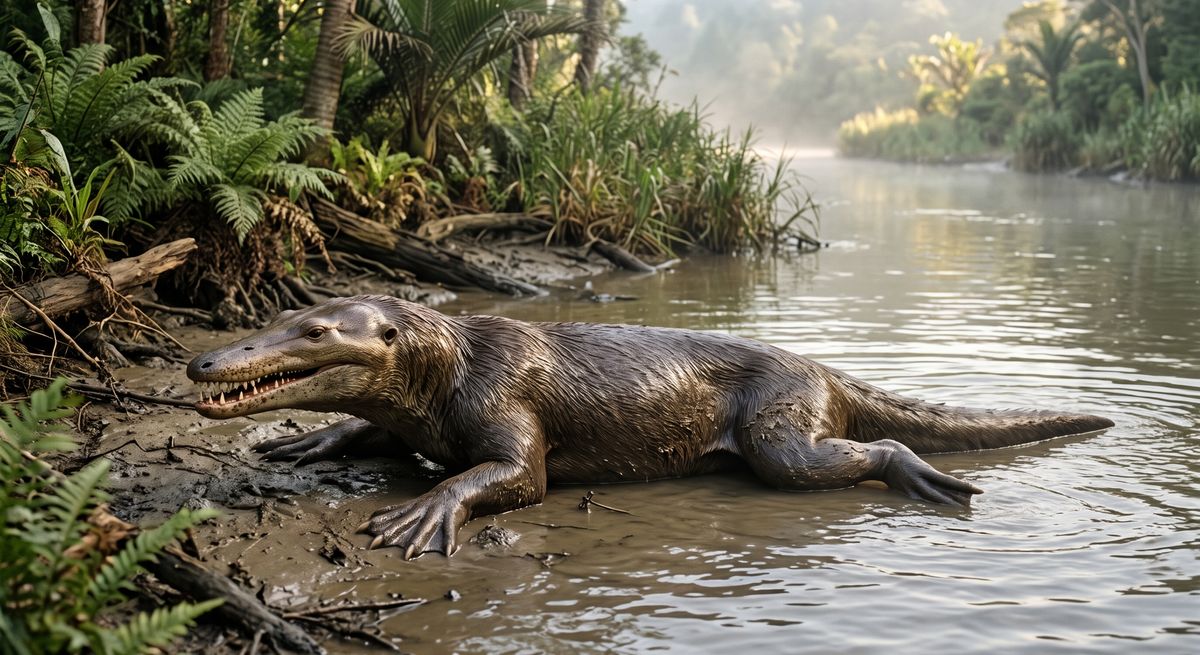 Illustration: Ambulocetus in seinem Lebensraum.