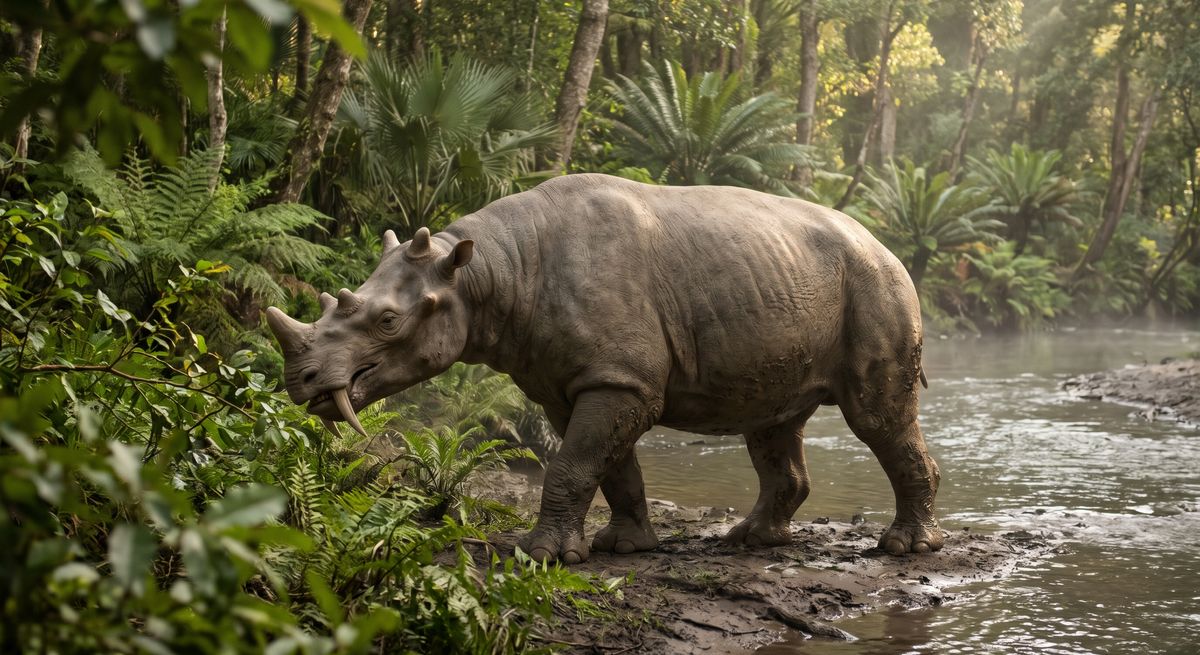 Illustration: Uintatherium in seinem Lebensraum.