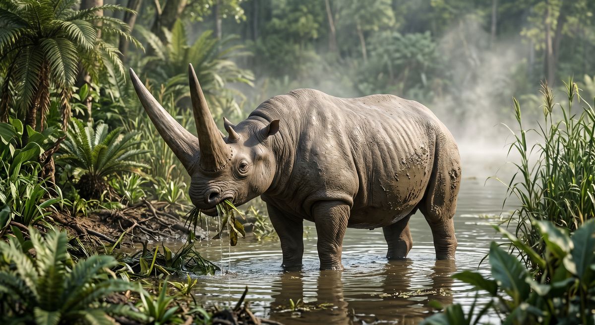 Illustration: Arsinoitherium in seinem Lebensraum.