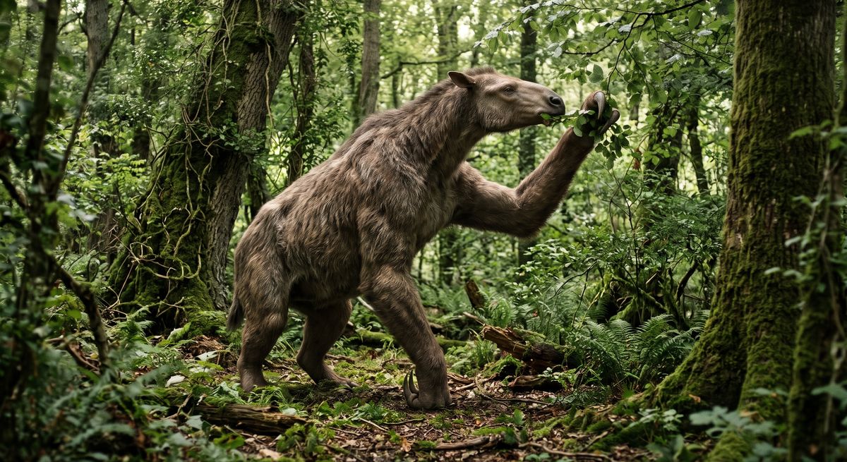 Illustration: Chalicotherium in seinem Lebensraum.