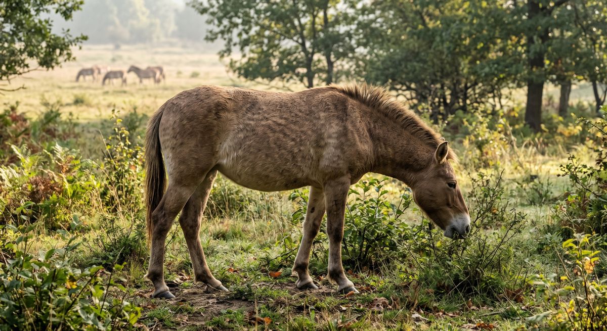 Illustration: Hippotherium (Dreizehenpferd) in seinem Lebensraum.