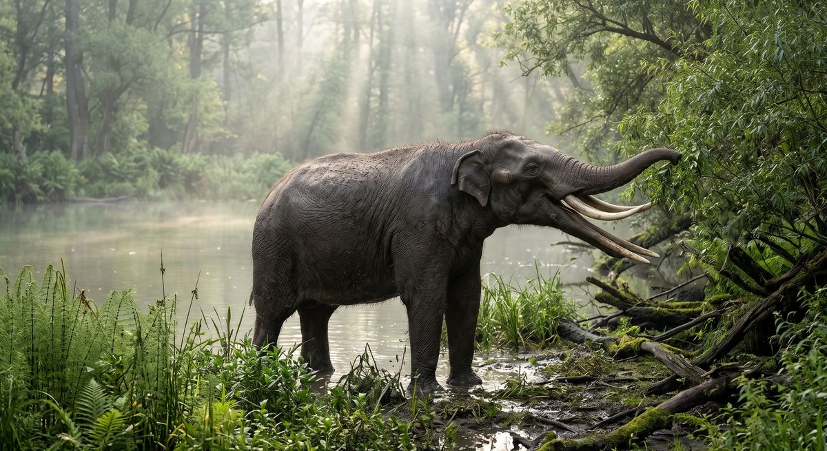 Illustration: Gomphotherium in seinem Lebensraum.