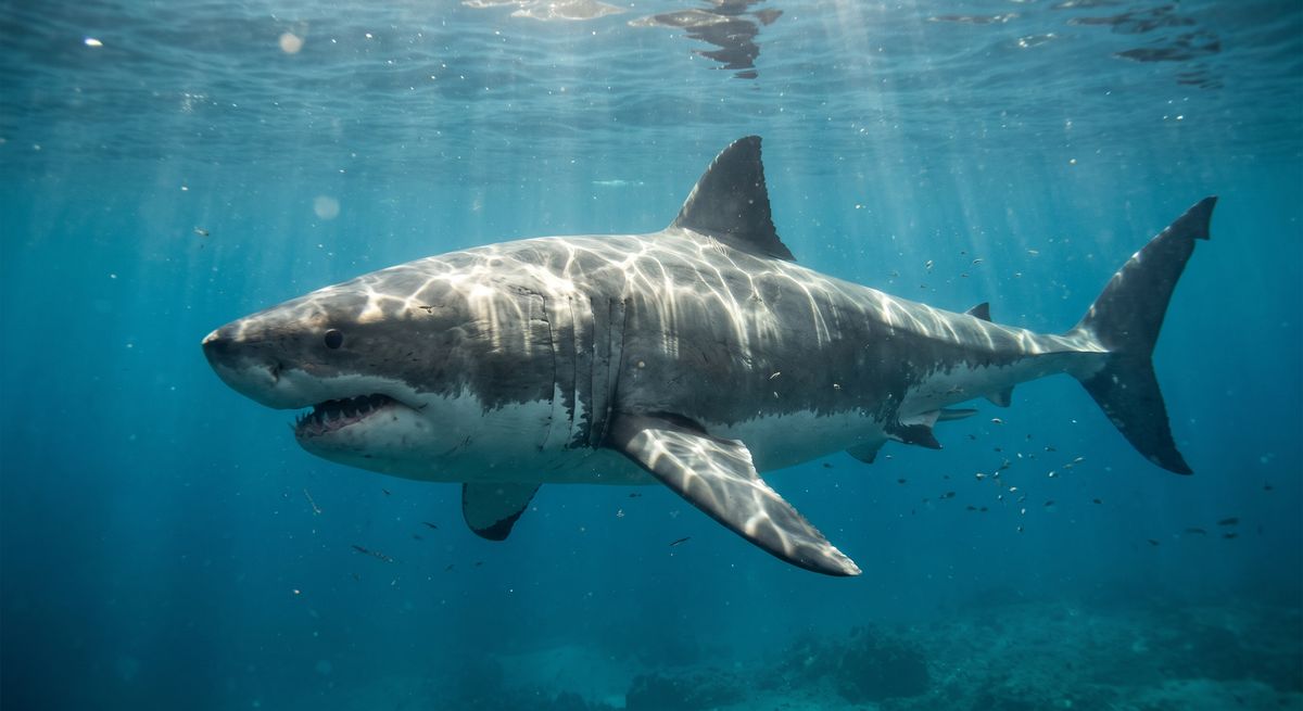 Illustration: Megalodon in seinem Lebensraum.
