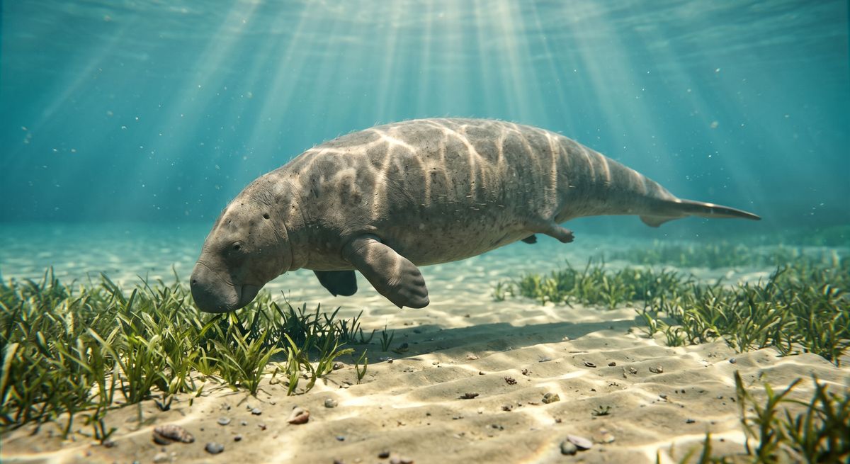 Illustration: Mainzer Seekuh (Halitherium) in seinem Lebensraum.