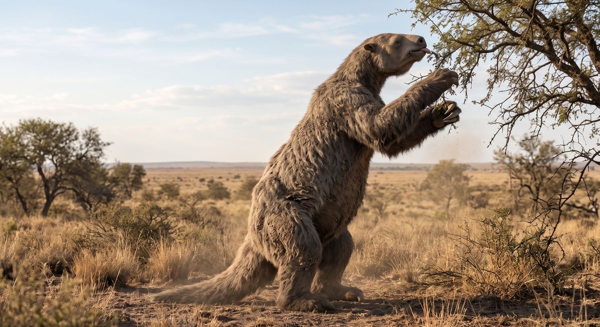 Illustration: Megatherium in seinem Lebensraum.