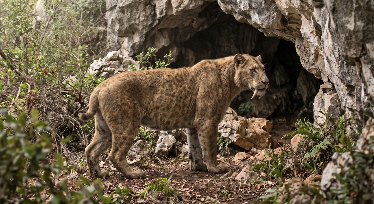 Illustration: Smilodon in seinem Lebensraum.