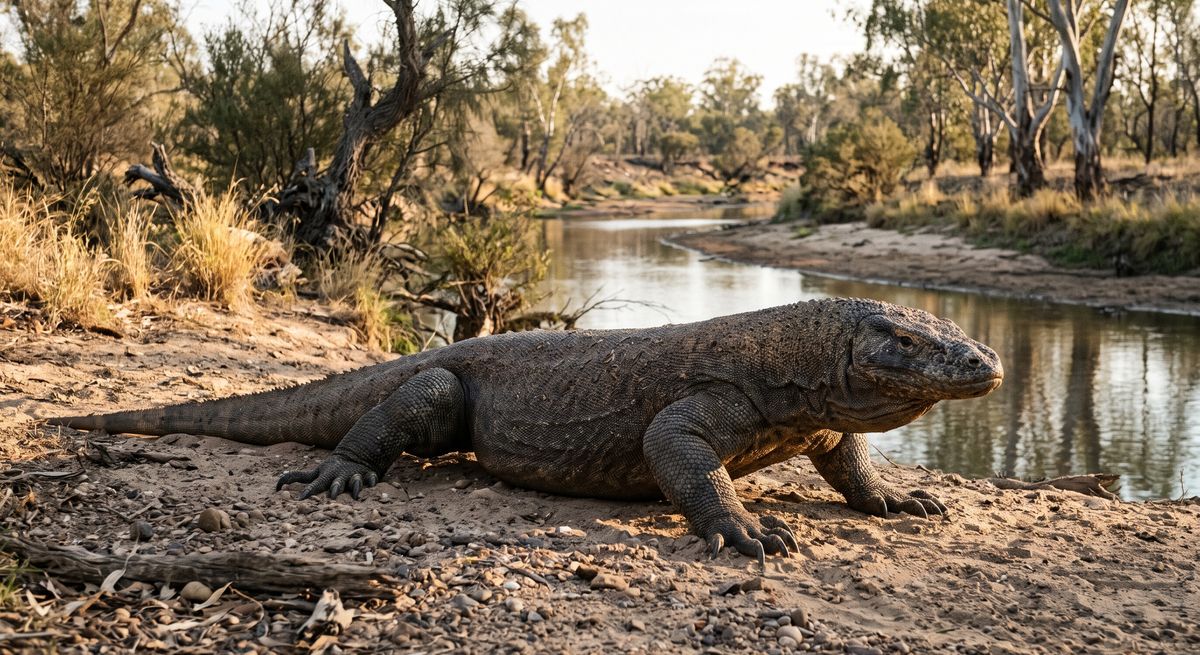 Illustration: Megalania in seinem Lebensraum.