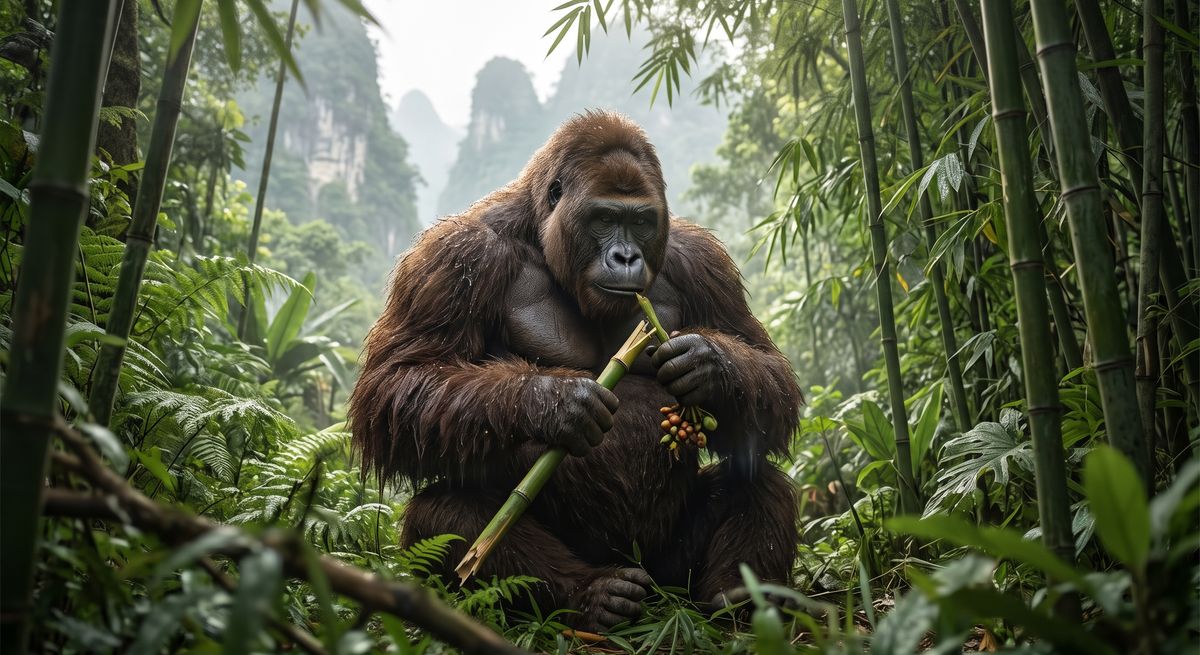 Illustration: Gigantopithecus in seinem Lebensraum.