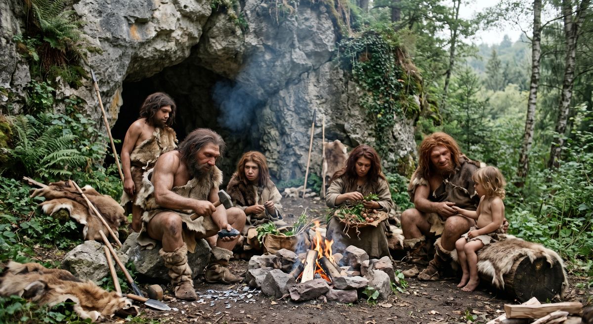 Illustration: Neandertaler in seinem Lebensraum.