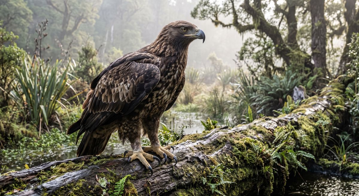 Illustration: Haastadler in seinem Lebensraum.