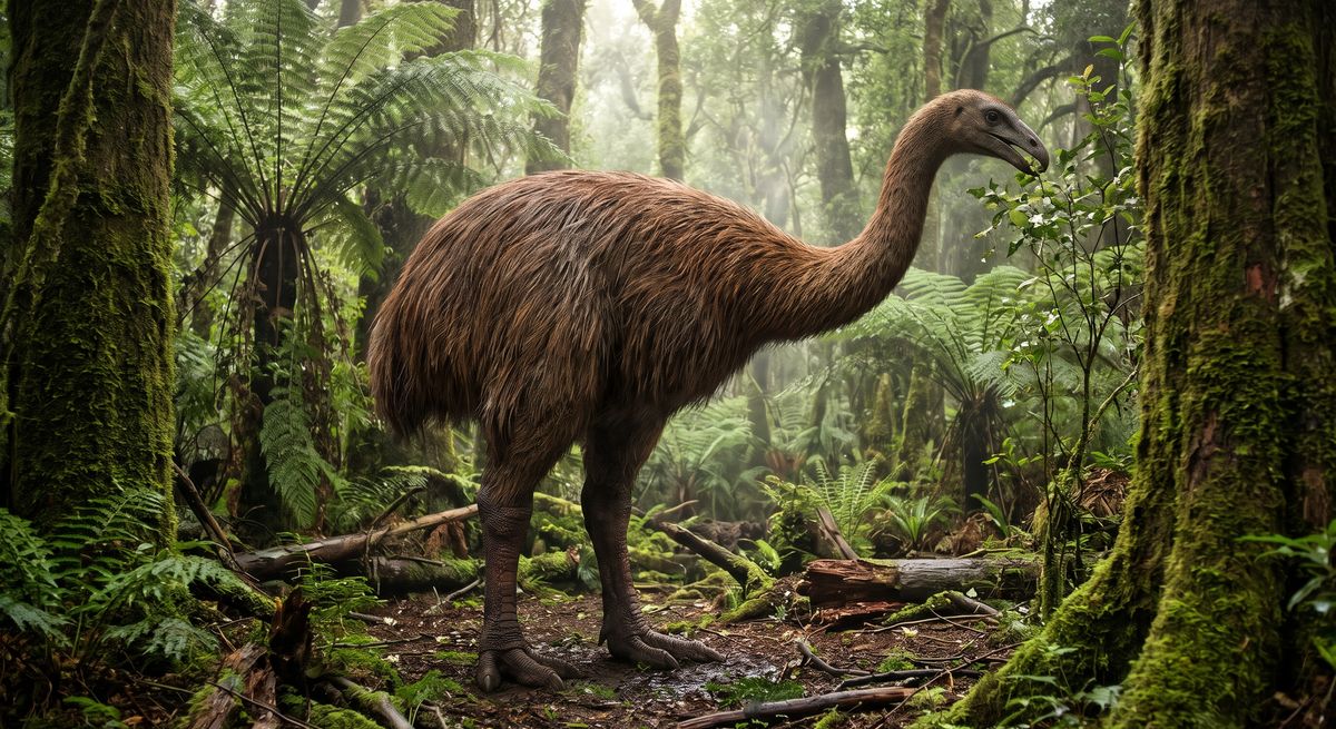 Illustration: Moa in seinem Lebensraum.