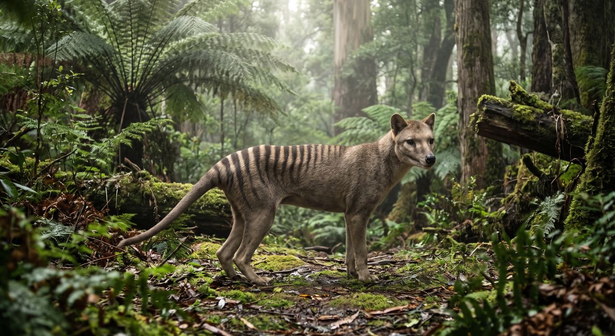 Illustration: Beutelwolf (Tasmanischer Tiger) in seinem Lebensraum.