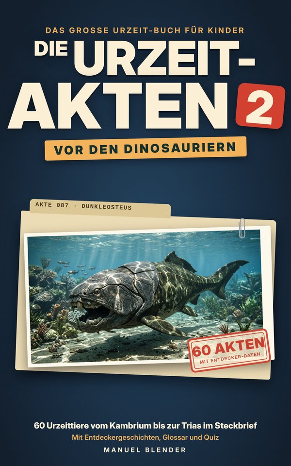 Buchumschlag Die Urzeit-Akten 2 mit dem Panzerfisch Dunkleosteus